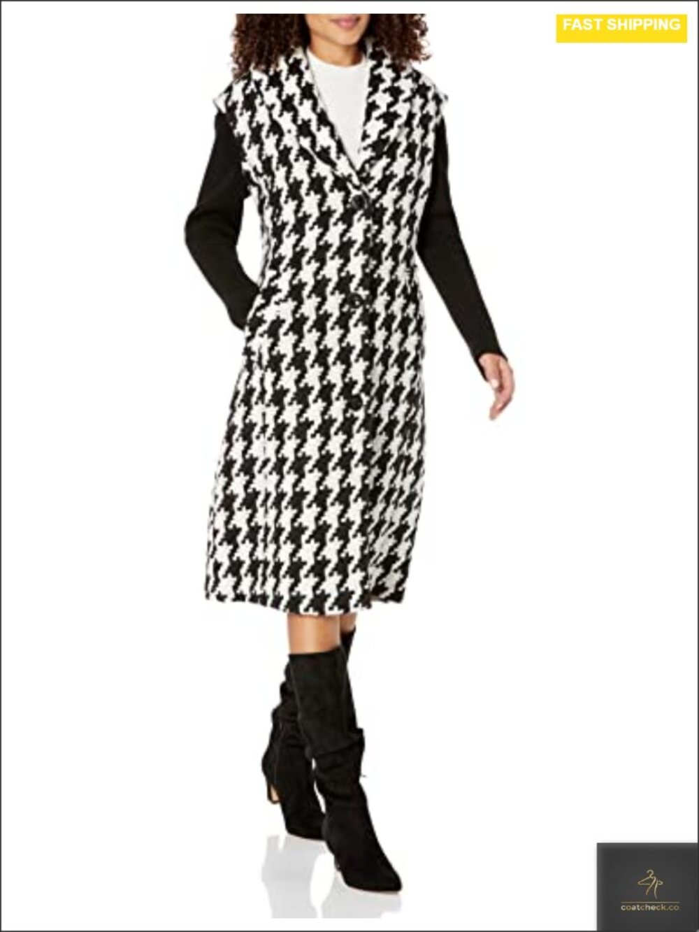Kenneth Cole Women's Wool Blend Houndstooth Knit Coat with Shawl Collar